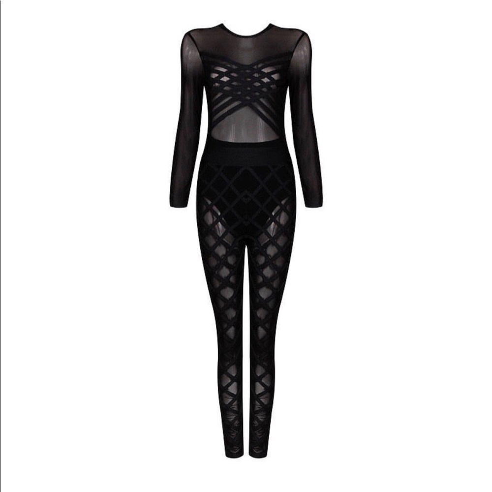 Nude thread black mesh cross jumpsuit